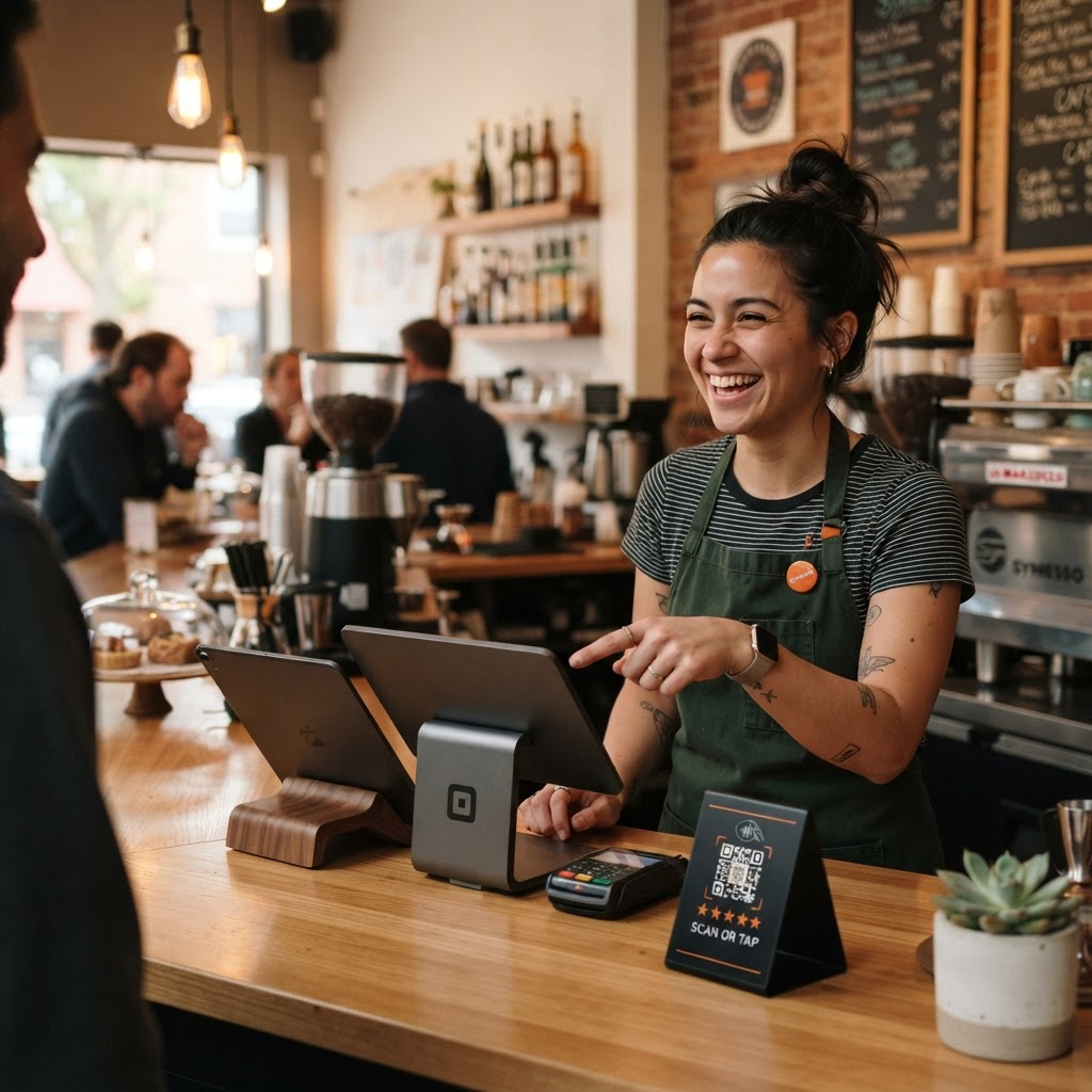 Barista with an NFC review stand at a cafe counter