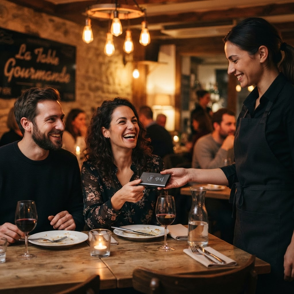 Server presenting an NFC review card to happy diners